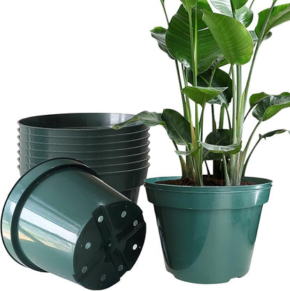 10 Pack Green Plastic Planter Pots, 10 Inch Thick with Multiple Drainage Holes, for Herbs, Strawberries, Flowers - Indoor/Outdoor