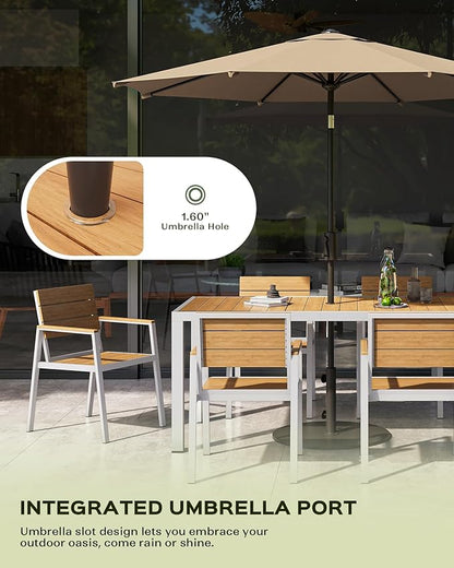 5-Piece Outdoor Dining Set, Aluminum Dining Table Set for 4, Patio Table and Chairs Set with Umbrella Hole, All Weather HDPS Outdoor Table and Chairs for 4 (White-Teak)