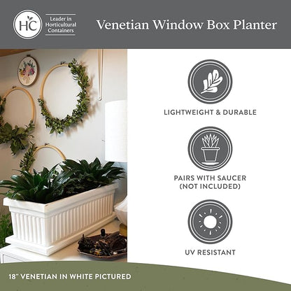 The HC Companies 17.5 Inch Venetian Rectangular Window Planter Box - Lightweight Plastic Indoor Outdoor Plant Pot with Drainage for Windowsill, Herbs, Flowers, Black