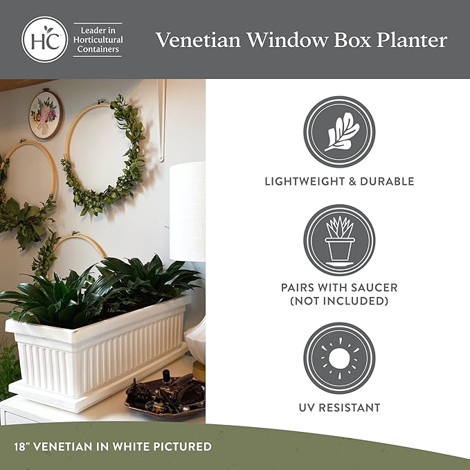 The HC Companies 24 Inch Venetian Window Planter Box with Drainage Plug, Lightweight UV-Resistant Plastic Indoor & Outdoor Planters, 2-Pack Flower Box for Garden & Home Decor, Black