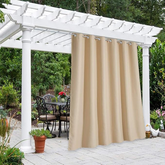 NICETOWN Outdoor Curtain for Patio Waterproof 108 inch Extra Long, Rustproof Grommet Room Darkening Thermal Insulated Privacy Outdoor Space Drape for Hall/Lounge, 84 inch Wide, Biscotti Beige, 1 PC