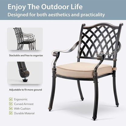 5-Piece Cast Aluminum Patio Furniture, Outdoor Dining Sets for 4 Include 54" Round Patio Dining Table and 4 Stackable Chairs with Cushions & Umbrella Hole (Bronze)