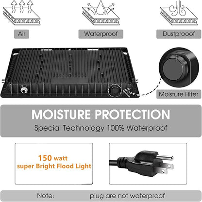 3 Pack 150W LED Flood Light Outdoor,Super Bright Exterior Security Light with Plug,IP66 Waterproof Flood Light, 15500LM 5000K Daylight White Floodlight for Yard, Garden,Basketball Court, Arena
