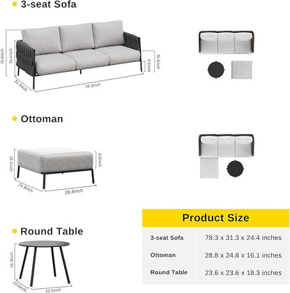 EAST OAK Life Chatter Patio Furniture Set, Outdoor Furniture Sectional Sofa Set with Round Coffee Table, 4 Seats Sofa Deep Seating with Thick & Washable Cushions, Earth Black & Misty Grey