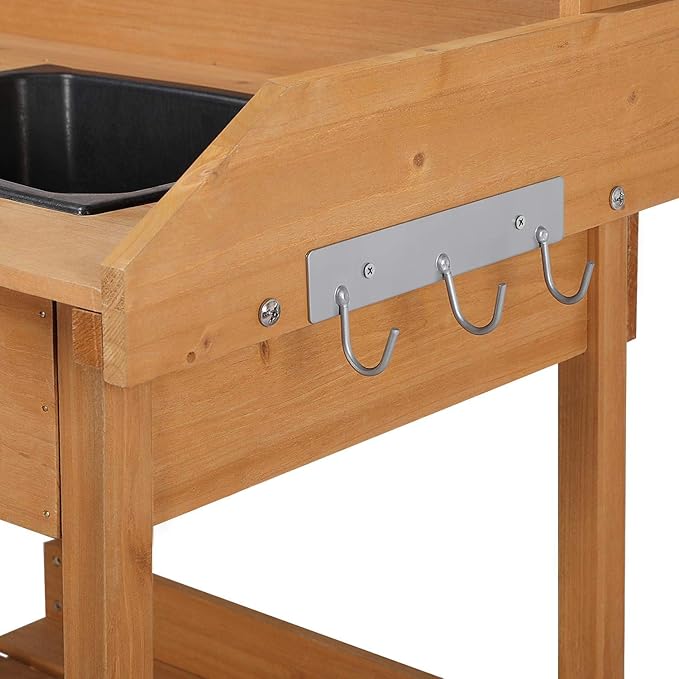 Yaheetech Potting Bench Outdoor Garden Work Bench Station Planting Solid Wood Construction for Horticulture w/Sink Drawer Rack Shelves Natural Wood