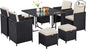 Yaheetech 9-Piece Patio Dining Sets, Outdoor Space Saving Rattan Chairs with Glass Table, Wicker Sectional Conversation Furniture Set with Removeable Cushions, Black/Beige