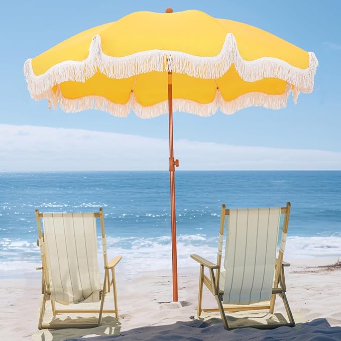 PHI VILLA 7ft Beach Umbrella with Fringe & Sand Anchor, Outdoor Patio Heavy Duty Windproof Portable Tassel Umbrellas for Sand with Push Button Tilt & Carrying Bag, UPF 50+, Yellow