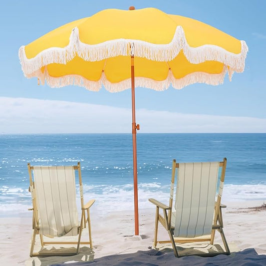 PHI VILLA 7ft Beach Umbrella with Fringe & Sand Anchor, Outdoor Patio Heavy Duty Windproof Portable Tassel Umbrellas for Sand with Push Button Tilt & Carrying Bag, UPF 50+, Yellow