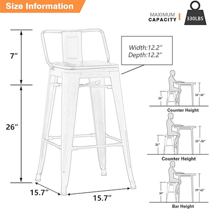 Yongchuang 26" Industrial Metal Barstools Set of 4 Counter Height Bar Stools with Back (Wood Top Low Back, Distressed White)