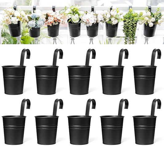 Dahey 10 Pcs Small Hanging Flower Pots Metal Iron Bucket Planter for Railing Fence Balcony Garden Home Decoration Flower Holders with Detachable Hooks, Black, 4 Inches
