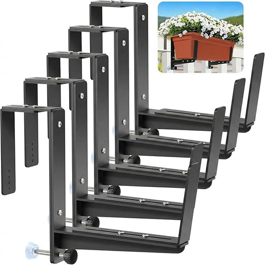 Window Box Brackets, Adjustable Planter Box Brackets, Heavy Duty Iron Flower Box Brackets for Railings, with Enhanced Bottom Support - Perfect for Balconies, Fences, and Gardens (Black, 6 Pack)