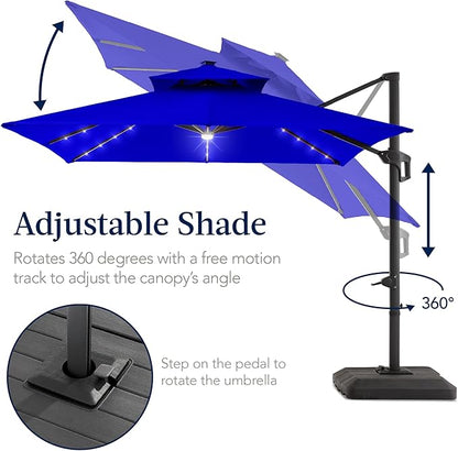 Best Choice Products 12x12ft LED Cantilever Patio Umbrella w/Base Included & 360° Rotation, Large Solar Offset Hanging Outdoor Sun Shade for Deck, Backyard Table w/Stand & Lights – Resort Blue