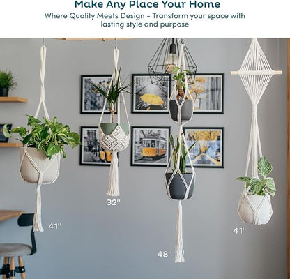 Nook Theory 4-Pack Macrame Plant Hangers with 8 Hooks - Hanging Planters for Indoor Plants, Boho Macrame Hangers Indoor Outdoor, Decorative Plant Hanger Indoor (Light Gray)