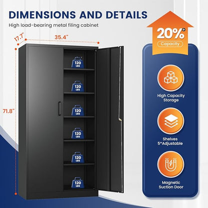 Yizosh Metal Storage Cabinet with Lock - 72" Garage Storage Cabinet with 2 Locking Doors and 5 Adjustable Shelves, Black Steel Lockable for Office,Home,Garage