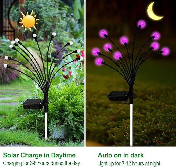 Kohlrabi Solar Garden Lights Outdoor, 10 Pack 80 LED Pink Firefly Lights Waterproof, Sway by Wind, Solar Wind Swaying Light for Yard Patio Backyard Garden Planter Flower Bed Pathway Decoration