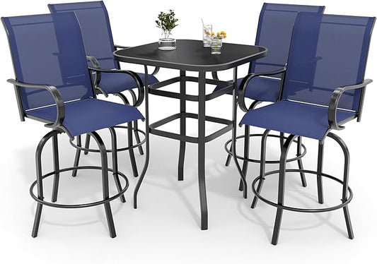 5 PCS Outdoor Bar Set with Outdoor Bistro Table and Chairs Set of 4, Bar Height Outdoor Dining Set, All Weather Mental Textilene High Swivel Bar Stools Chair Set of 4 and High Glass Bar Table