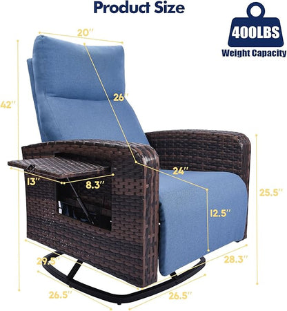 Outdoor Recliner Chair, Wicker Patio Recliners with Adjustable Backrest and Extended Foot Rest, Reclining Patio Chairs with Flip Table & Removable Cushion Cover for Porch