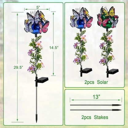 Solar Lights Outdoor Pathway,2 Pack Butterfly with Ball Garden Stakes,Colorful Twinkle Fairy Lights Decorations Outdoor for Yard,Lawn,Spring