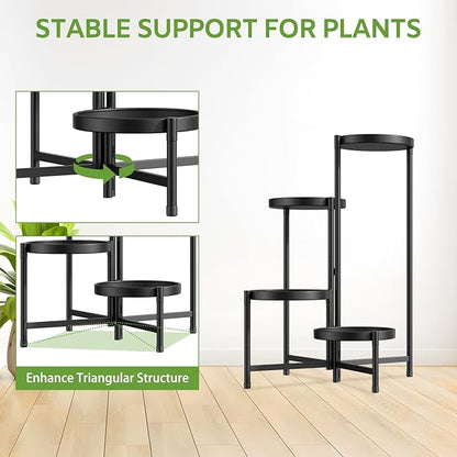 iDavosic.ly 4 Tier Large Plant Stand Indoor with 10 Inch Wide Tray, Tiered Corner Metal Outdoor Flower Display Holder Shelf, Folding Tall Rack for Patio Porch Living Room, Modern Black