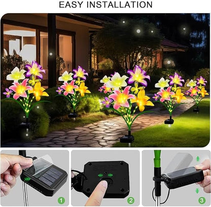 Solar Garden Lights 2 Pack with 8 lilies Outdoor Decorative flower Lights for Garden, Birthday Gift for family and Friends, IP65 Waterproof flower Solar Outdoor Stake Light for Yard Patio Lawn Pathway