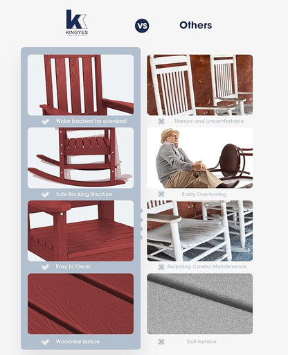 KINGYES Oversized Outdoor Rocking Chair, All-Weather Patio Rocking Chairs for Porch, HDPE Outdoor Patio Rockers with High Back & Wide Seat for Garden, Lawn, Red