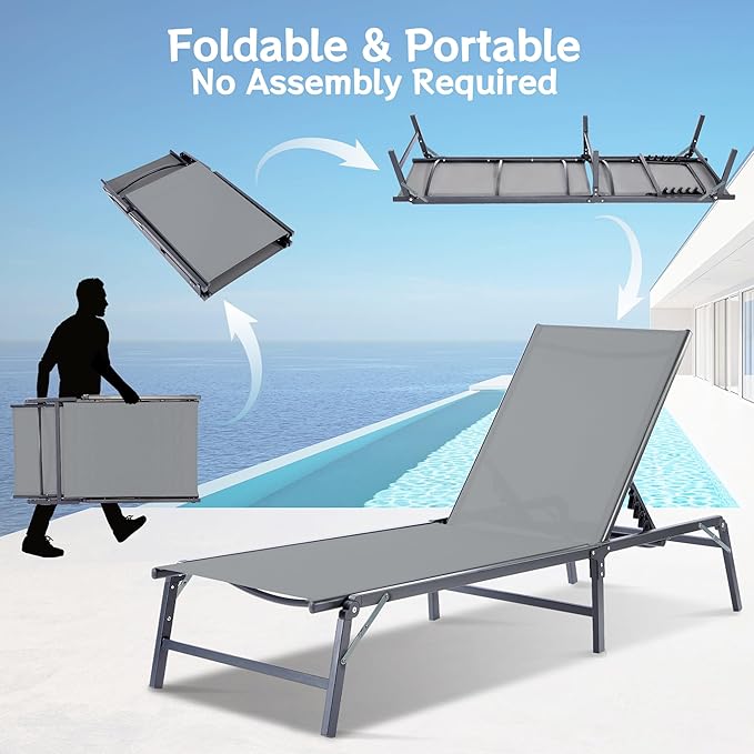 Outdoor Chaise Lounge Chair Set of 2, Foldable & Assemble-Free, 6 Adjustable Positions, Durable Rust-Resistant Frame, Portable Outdoor Pool Lounge Chairs for Pool Patio Beach, Grey