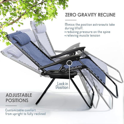 Nestl Zero Gravity Chairs Set of 2, Patio Lounge Chair Outdoor with Pillows & Cup Holder Trays, Adjustable Steel Mesh Reclining Camping Chair, Folding Patio Lawn Chair for Deck, Beach, Yard - Blue