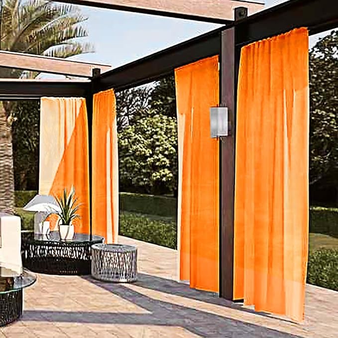 SpaceDresser Waterproof Outdoor Sheer Curtains for Patio - 2 Panels Rod Pocket Indoor Voile Sheer Curtain for Living Room,52W x 108L inch, Orange
