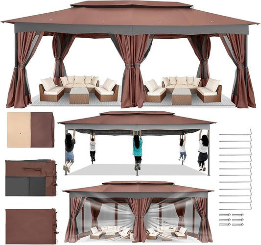 COBIZI Gazebo 12x20 Heavy Duty Gazebos with Curtain and Netting Outdoor Gazebo Canopy Double Roof Patio Gazebos with Metal Steel Frame for Patio, Deck, Backyard-Brown