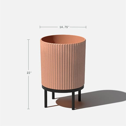 Veradek Demi Series Round Planter w/Stand for Porch/Patio | Durable Plastic-Stone Composite & Wooden Stand | Modern Décor for Tall Plants, Flowers