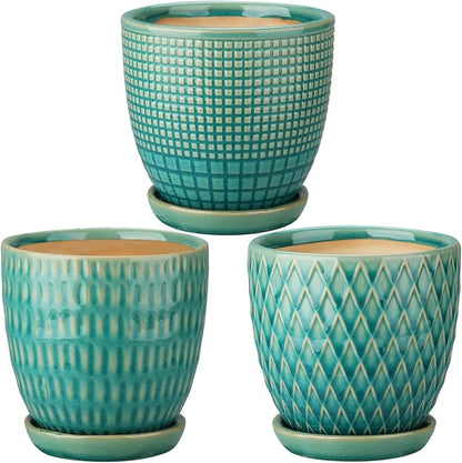 Oairse 4 inches Ceramic Planters Pots for Indoor Plants 3 Set of Small Round Flower Pots with Drainage Hole and Ceramic Tray Modern Planters Set for Succulents Cactus Garden Home Windowsill Table