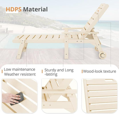 LUE BONA Outdoor Chaise Lounge, HDPS Chaise Lounger, 5 Positions Adjustable Lounge Chairs, Pool Lounge Chair with Wheels for Poolside, Backyard, Sand