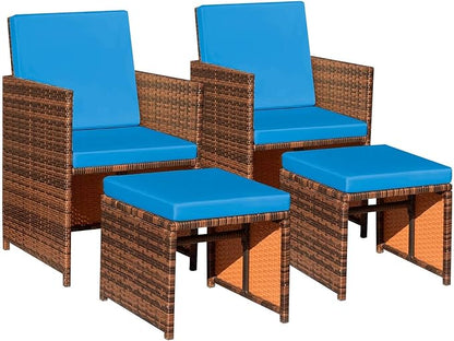 Devoko 4 Pieces Patio Wicker Furniture Set Outdoor Patio Chairs with Ottomans All Weather Cushioned Chairs Balcony Porch Furniture (Blue)