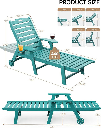 Carauci Lounge Chair Outdoor Set of 2, HDPE Chaise Lounge with Wheels, 5-Position Adjustable Backrest & 2 Cup Holders Patio Lounge Chair, All-Weather Pool Sun Lounger for Poolside, Backyard, Lake Blue