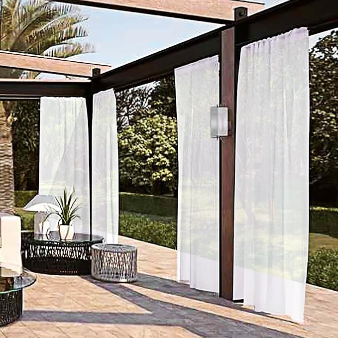 SpaceDresser Waterproof Outdoor Sheer Curtains for Patio - 4 Panels Rod Pocket Indoor Voile Sheer Curtain for Living Room,52W x 120L inch,White