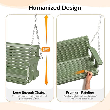 VINGLI Upgraded Patio Wooden Porch Swing for Courtyard & Garden, Heavy Duty 880 LBS Swing Chair Bench with Hanging Chains for Outdoors (Green, 5 FT)
