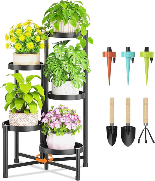 LASZOLA 5 Tiered Folding Tall Plant Stand Indoor for Multiple Large Planter, Heavy Duty Metal Adjustable Flower Rack for Narrow Corner, Sturdy Vertical Spiral Shelving Holder for Modern House, Black