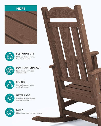 SERWALL Oversized Rocking Chair Outdoor, HDPE Outdoor Rocking Chair, Coffee