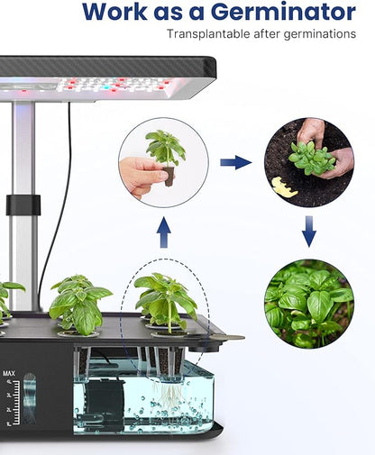 iDOO Hydroponics Growing System Kit 12Pods, Christmas Gifts for Women Mom, Herb Garden Indoor with LED Grow Light for Home, Built-in Fan, Auto-Timer, Adjustable Height Up to 11.3", 12Pods Kit-Black
