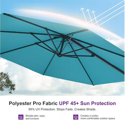 PURPLE LEAF 10 Feet Patio Umbrella with Base and Cover Round Outdoor Cantilever Umbrella Aluminum Offset Umbrella with 360-degree Rotation for Garden Deck Pool Patio Turquoise Blue
