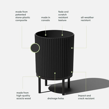 Veradek Demi Series Round Planter w/Stand for Porch/Patio | Durable Plastic-Stone Composite & Wooden Stand | Modern Décor for Tall Plants, Flowers