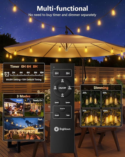 Brightown 37FT Solar String Lights Outdoor Waterproof with Remote, 10+1 LED Shatterproof Bulbs, Dimmable & Timable, 3 Light Modes - Commercial Grade Patio Lights for Garden Backyard Party Decor