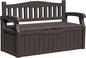 Greesum 80 Gallon Outdoor Storage Bench, Resin Patio Furniture with Armrest,Waterproof and UV-Resistant, Perfect to Garden, Poolside and Lawn, Dark Brown