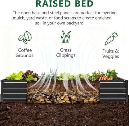 2 Pack 6x3x1FT Galvanized Raised Garden Bed Kit, Outdoor Metal Planter Box for Vegetables, Bottomless Rectangular Gardening Bed with Support Rods, Tool-Free Assembly, Black