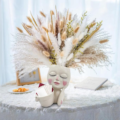 Face Plant Pot - Double Flower Pots for Indoor Outdoor Plants Resin Head Planter with Drainage Hole Cute Lady Face Plant Pots, Garden Decoration Planters, Medium