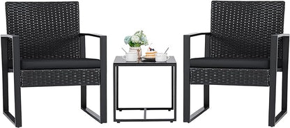 Flamaker 3 Pieces Outdoor Patio Wicker Furniture Set, Modern Rattan Chair Conversation Sets with Coffee Table for Yard and Bistro (Black)