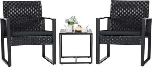 Flamaker 3 Pieces Outdoor Patio Wicker Furniture Set, Modern Rattan Chair Conversation Sets with Coffee Table for Yard and Bistro (Black)