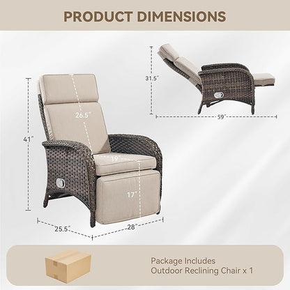 Zero Gravity Wicker Patio Recliner Chair - Wicker Outdoor Lounge Chair with Adjustable Backrest & Footrest, All Weather Outdoor Reclining Chairs with Thick Cushion for Pool Deck Beige