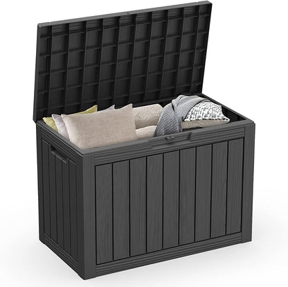 ROJIK Outdoor Storage Housing Deck Box - Waterproof Patio Furniture, Garden Tools, Cushions, Pool Accessories Storage Bench with Lockable Lid and Side Handles (Black, 45 Gal)