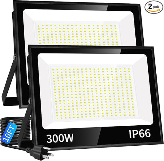 300W LED Flood Light Outdoor with Plug, 36000LM Ultra Brighter Security Light, IP66 Waterproof Exterior Plug in Floodlight, 5000K Daylight White for Lawn Yard Garden Stadium(2 Pack)